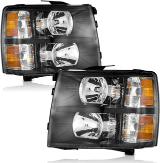2007-2013 Chevy Silverado 1500 Headlights Assembly Compatible with 2007-2014 Chevy Silverado 2500HD/3500HD Headlight Replacement Black Housing Amber Reflector Left and Right Side Pair set