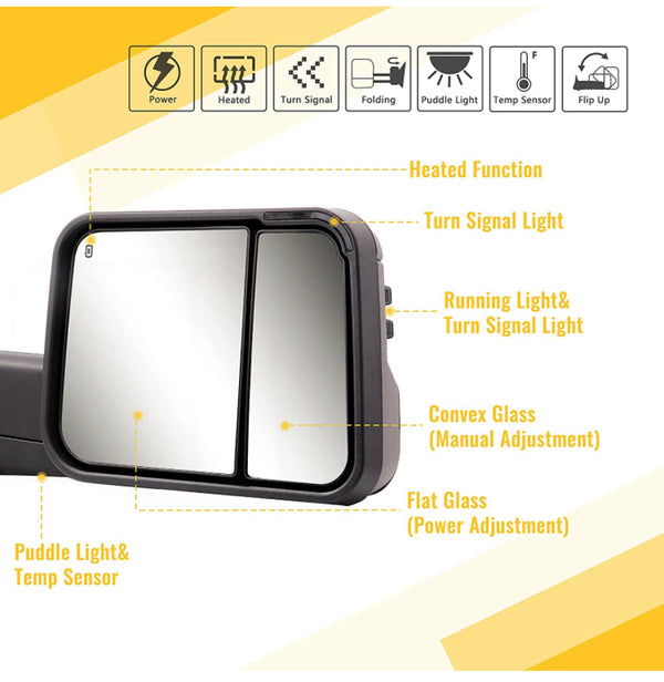 Tow Mirrors Fit Dodge Ram 2009 - 2018 Black Pair Power Heated