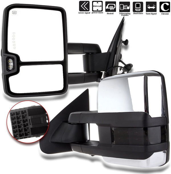Towing Mirrors Fits 2014 - 2018 Pair Power Heated Chrome Smoked Signal